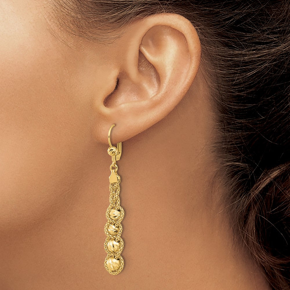 14K Yellow Gold Polished Textured And Dia Cut Beaded Leverback Earrings