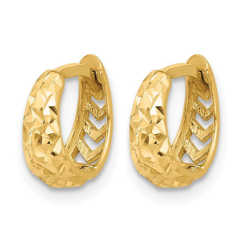 14K Yellow Gold Polished And Diamond Cut Huggie Hoop Earrings