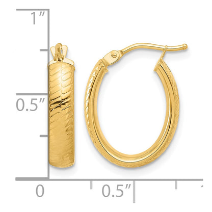14K Yellow Gold Polished And Textured Oval Hoop Earrings