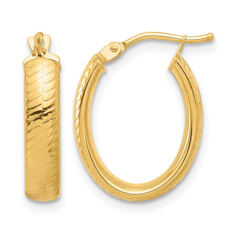 14K Yellow Gold Polished And Textured Oval Hoop Earrings