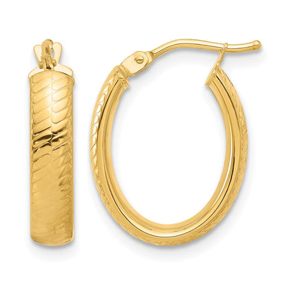 14K Yellow Gold Polished And Textured Oval Hoop Earrings