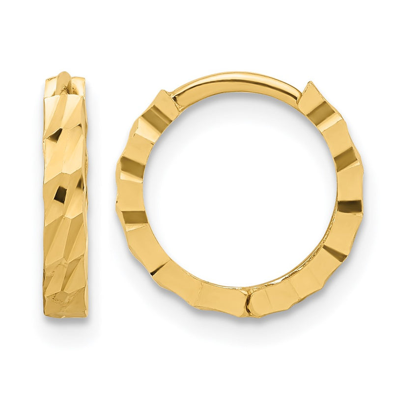 14K Yellow Gold Polished And Diamond Cut Huggie Hoop Earrings