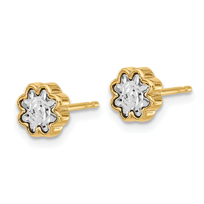 14K Two Tone Polished And Diamond Cut Flower Post Earrings