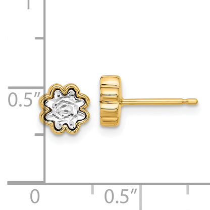 14K Two Tone Polished And Diamond Cut Flower Post Earrings