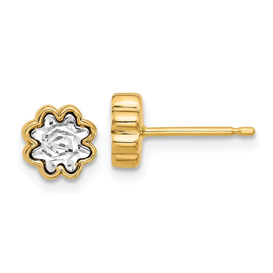 14K Two Tone Polished And Diamond Cut Flower Post Earrings