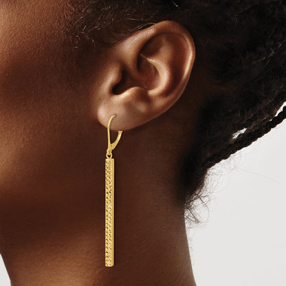 14K Yellow Gold Polished And Diamond Cut Bar Dangle Leverback Earrings