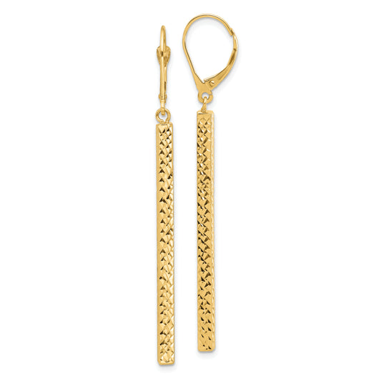 14K Yellow Gold Polished And Diamond Cut Bar Dangle Leverback Earrings