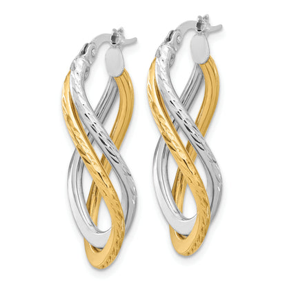 14K Yellow & Rhodium With Polished And Diamond Cut Twist Hoop Earrings