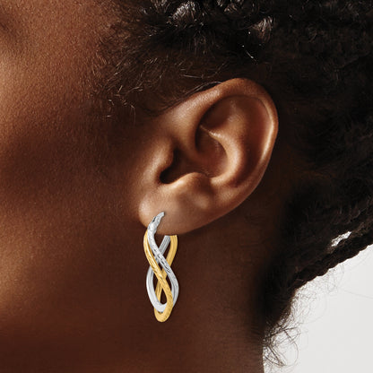 14K Yellow & Rhodium With Polished And Diamond Cut Twist Hoop Earrings