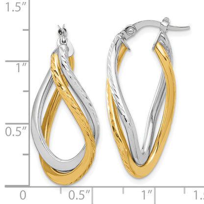 14K Yellow & Rhodium With Polished And Diamond Cut Twist Hoop Earrings