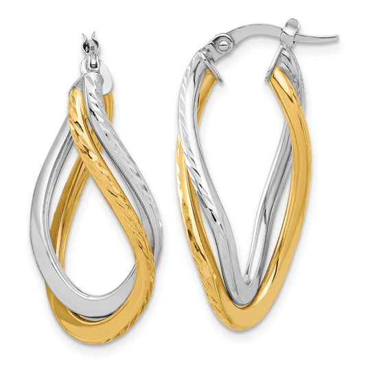 14K Yellow & Rhodium With Polished And Diamond Cut Twist Hoop Earrings