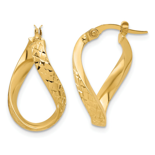 14K Yellow Gold Polished And Diamond Cut Twist Hoop Earrings