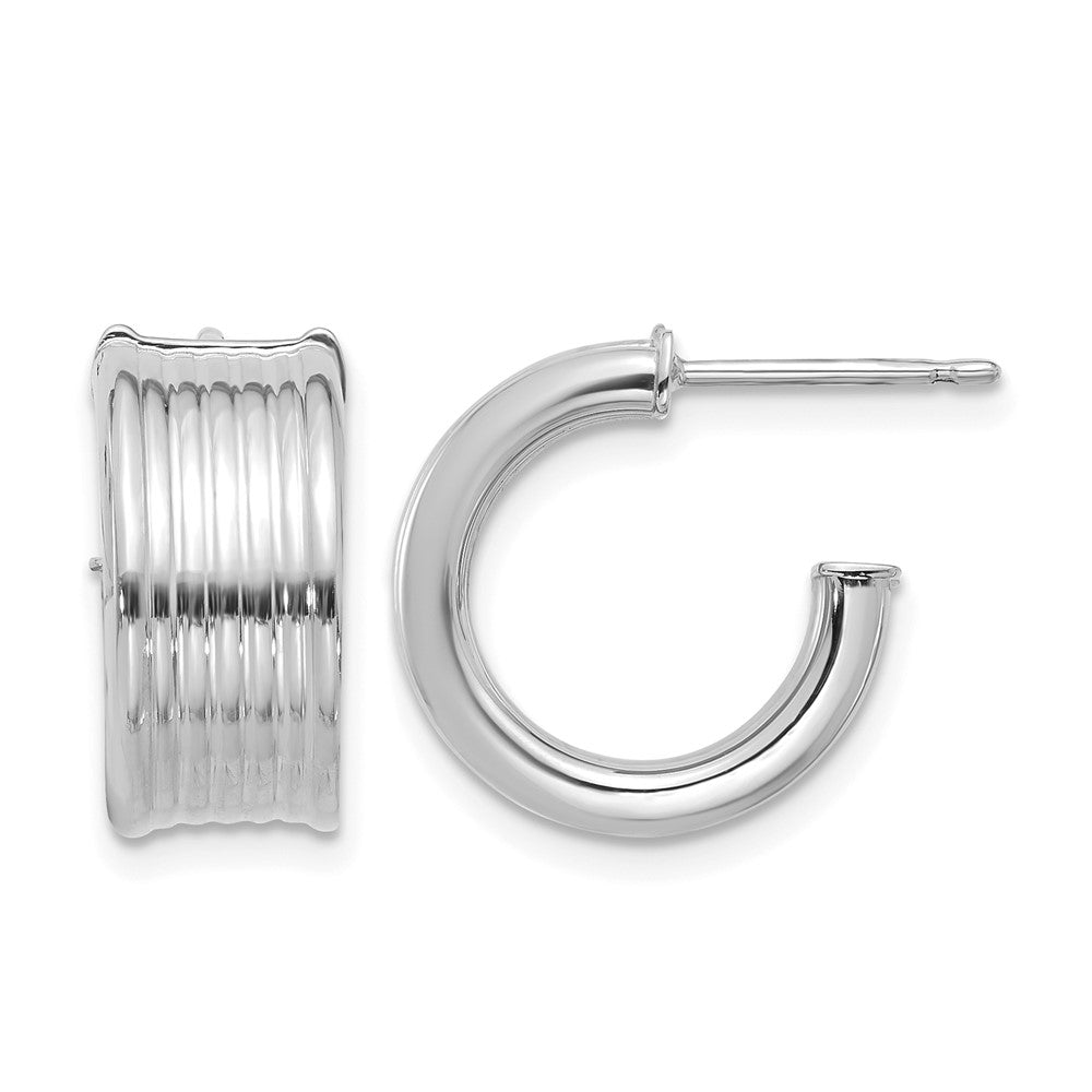 14K Yellow & Rhodium W/ White Rh Plating Polished And Grooved J Hoop Post Earrings