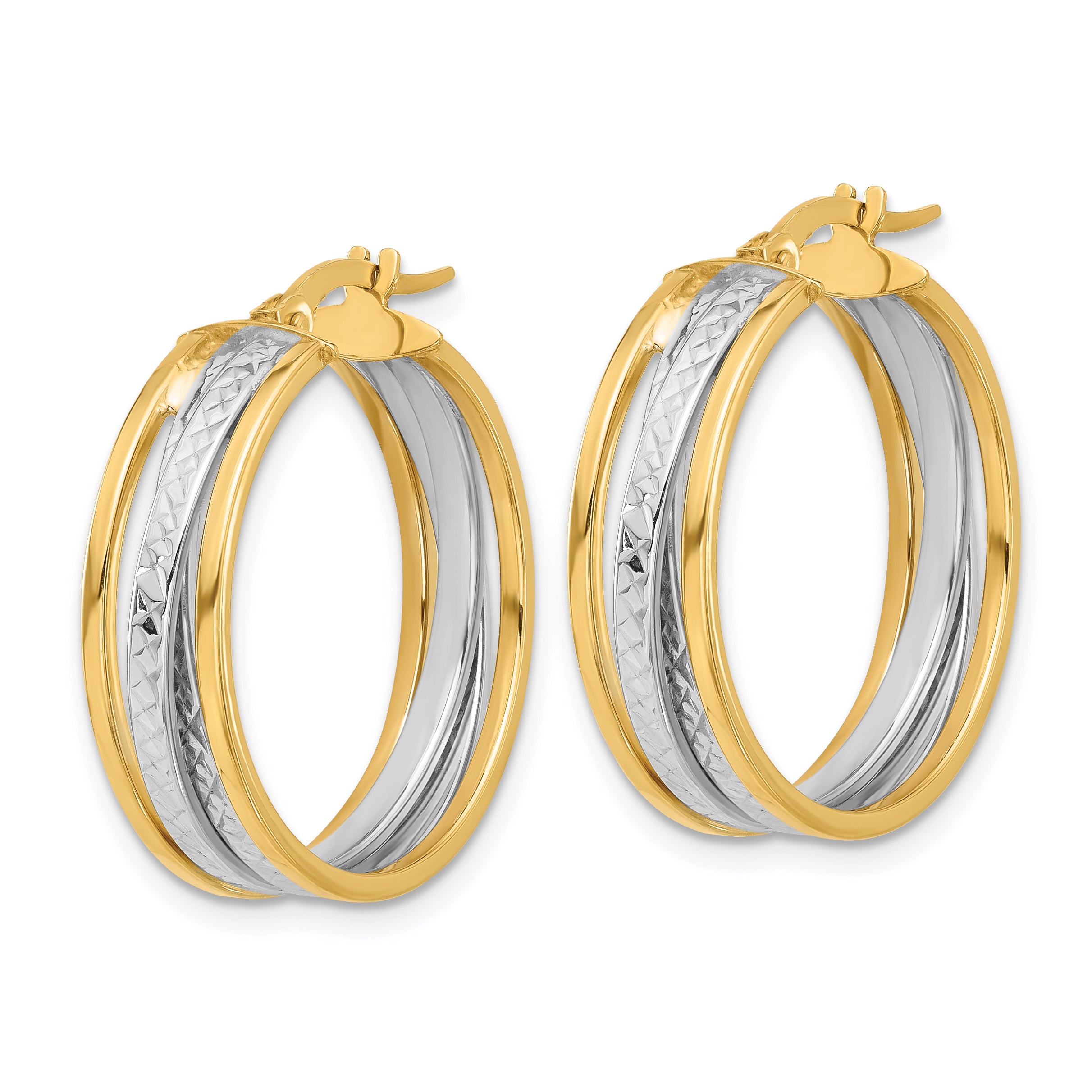14K Yellow & Rhodium With Polished And Diamond Cut Hoop Earrings