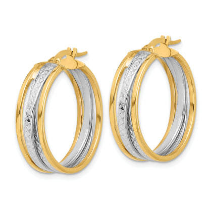 14K Yellow & Rhodium With Polished And Diamond Cut Hoop Earrings