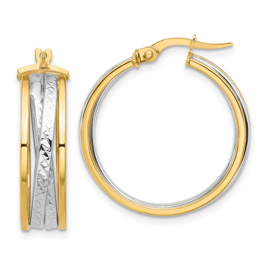 14K Yellow & Rhodium With Polished And Diamond Cut Hoop Earrings