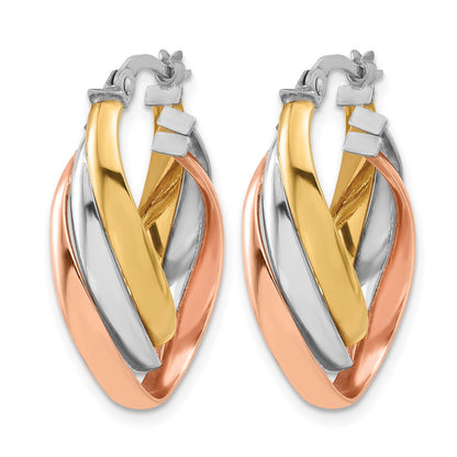 14K Yellow & Rhodium W/ White Rhod Rose Gold Plating Polished Twist Hoop Earrings