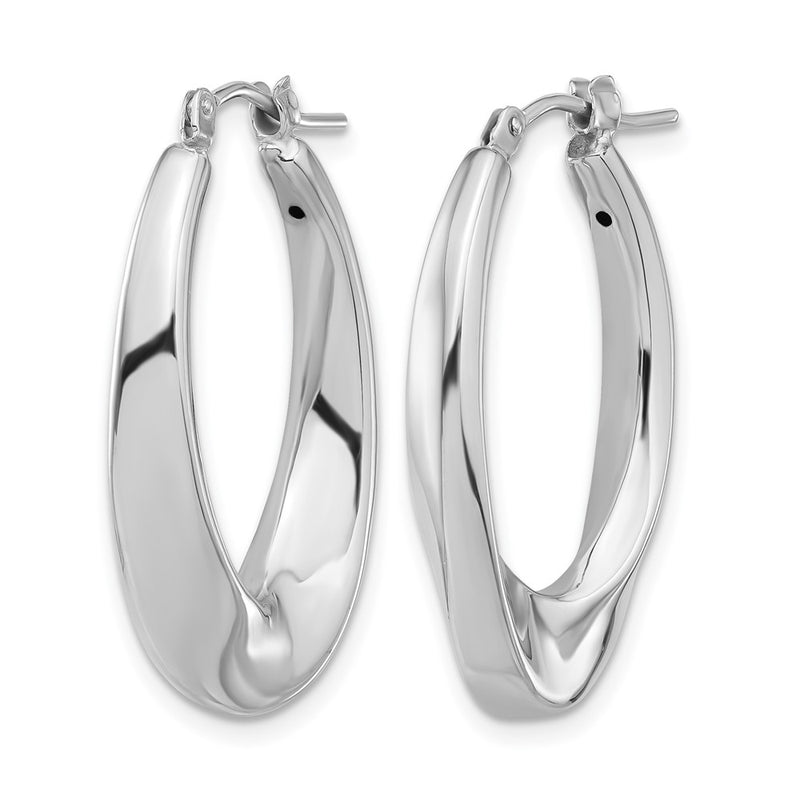 14K White Gold Polished Hollow Oval Twist Hoop Earrings