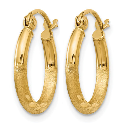 14K Yellow Gold Satin And D/C 2mm Round Tube Hoop Earrings
