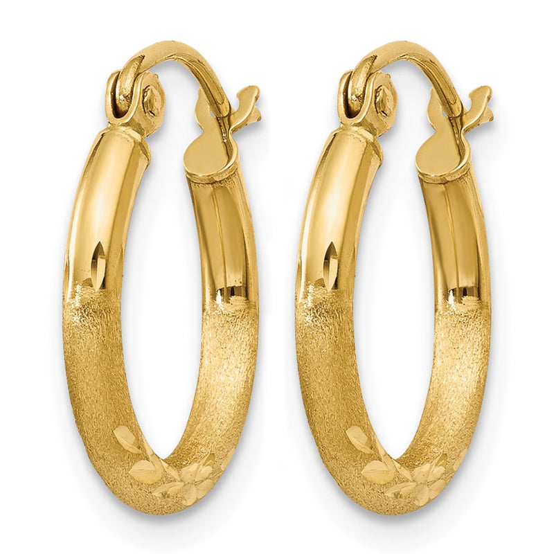 14K Yellow Gold Satin And D/C 2mm Round Tube Hoop Earrings