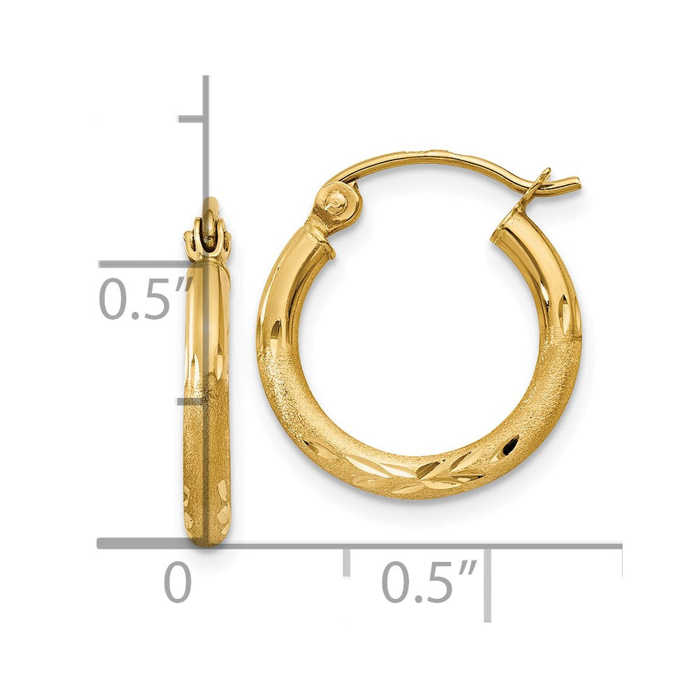 14K Yellow Gold Satin And D/C 2mm Round Tube Hoop Earrings