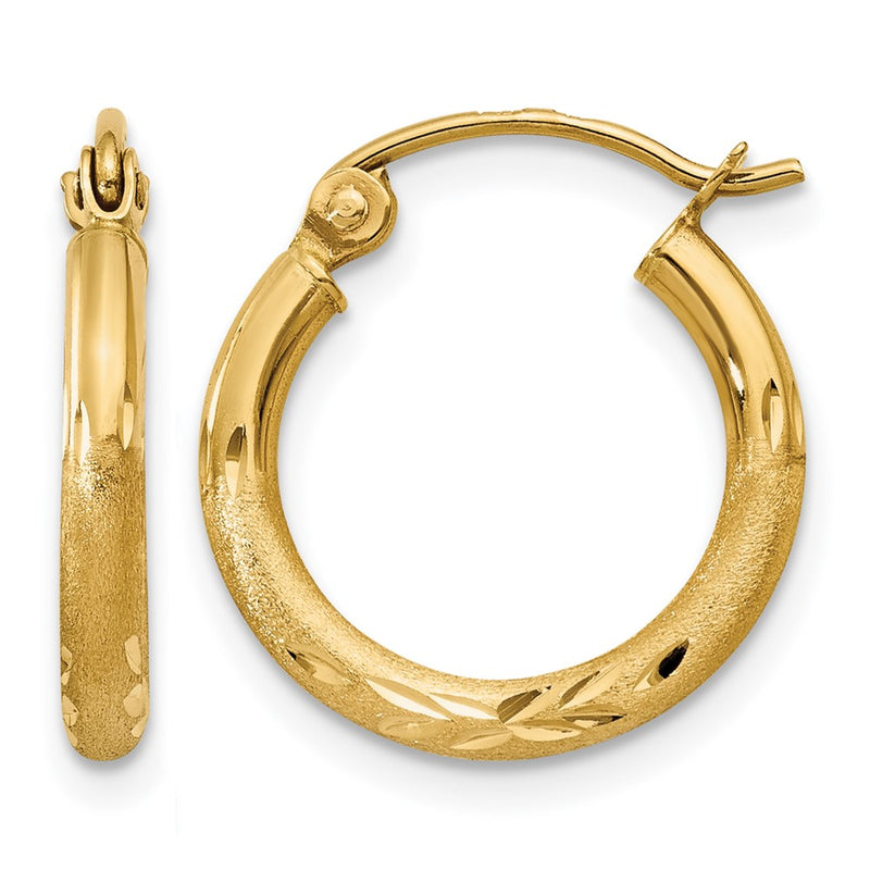 14K Yellow Gold Satin And D/C 2mm Round Tube Hoop Earrings