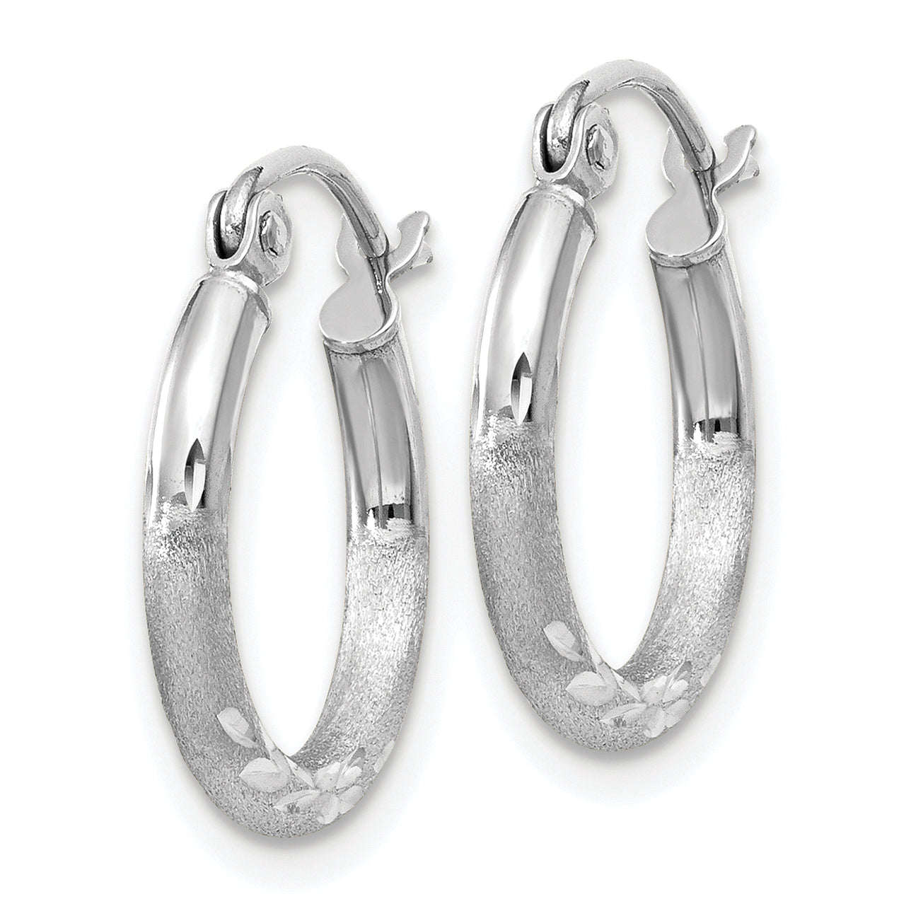 14K White Gold Satin And D/C 2mm Round Hoop Earrings