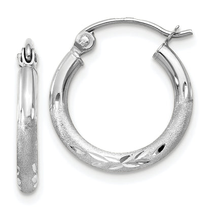 14K White Gold Satin And D/C 2mm Round Hoop Earrings