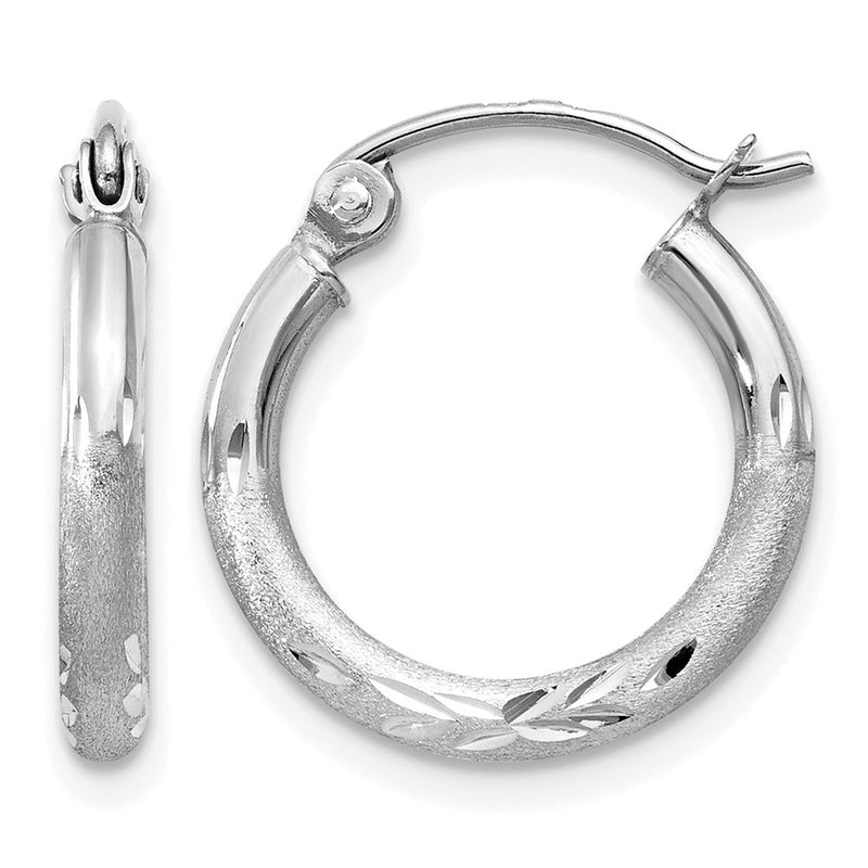 14K White Gold Satin And D/C 2mm Round Hoop Earrings
