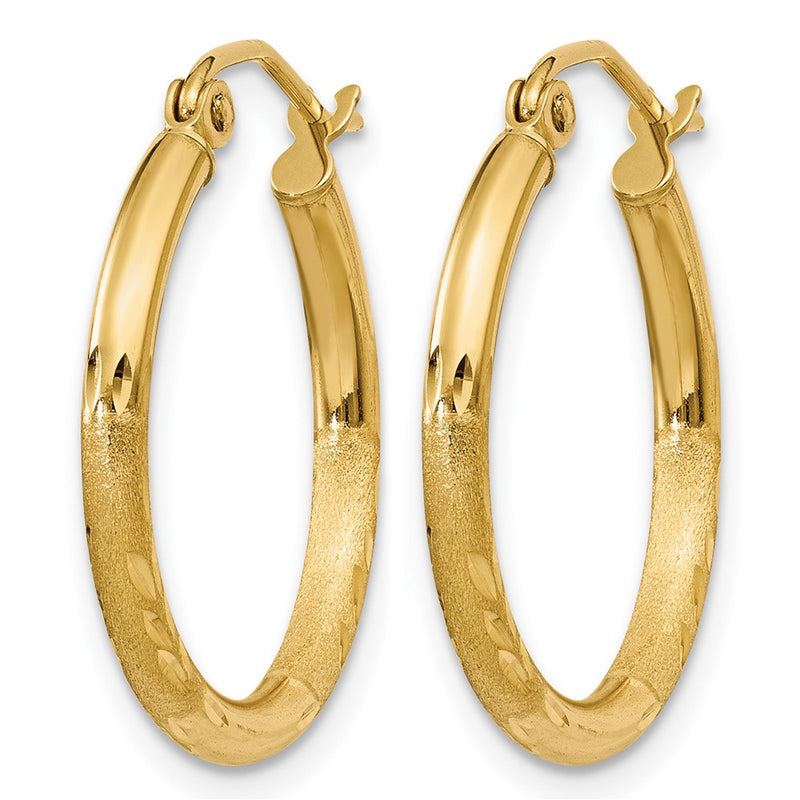 14K Yellow Gold Satin And D/C 2mm Round Tube Hoop Earrings