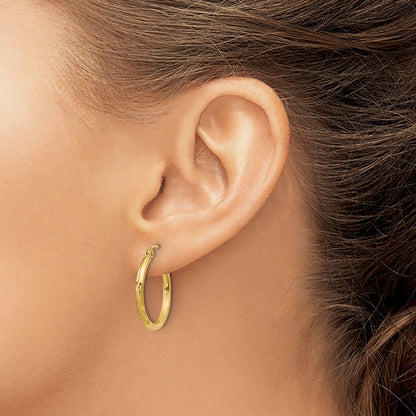 14K Yellow Gold Satin And D/C 2mm Round Tube Hoop Earrings