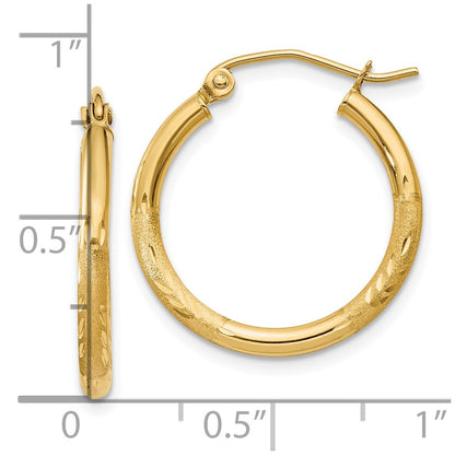 14K Yellow Gold Satin And D/C 2mm Round Tube Hoop Earrings