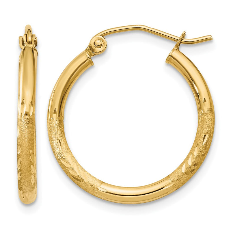 14K Yellow Gold Satin And D/C 2mm Round Tube Hoop Earrings