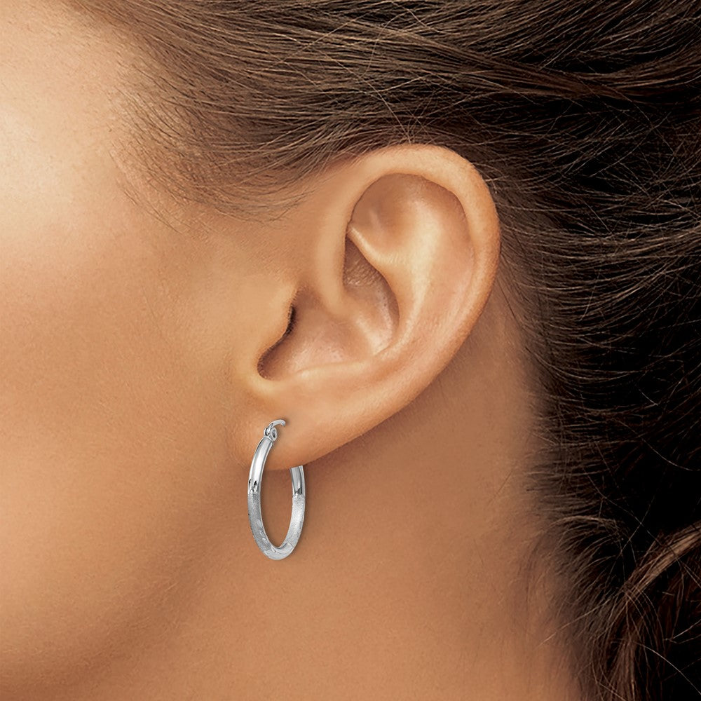 14K White Gold Satin And D/C 2mm Round Hoop Earrings