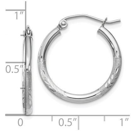 14K White Gold Satin And D/C 2mm Round Hoop Earrings