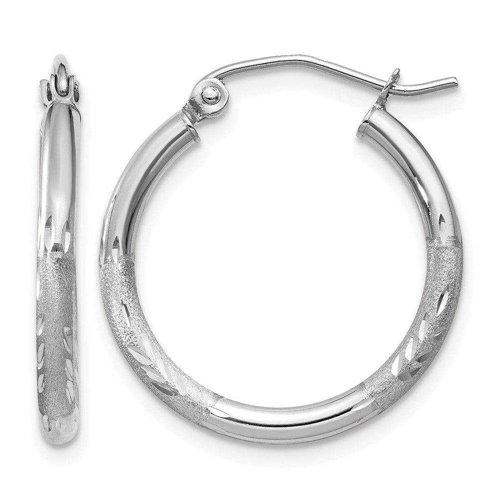 14K White Gold Satin And D/C 2mm Round Hoop Earrings