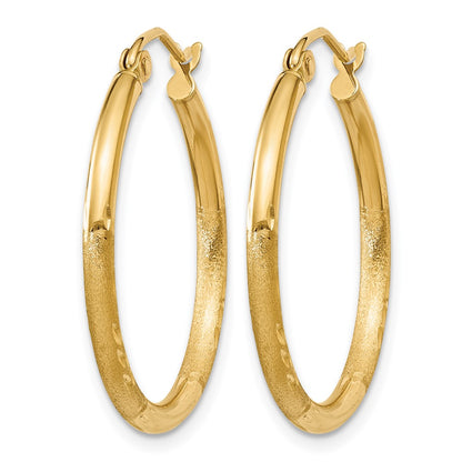 14K Yellow Gold Satin And D/C 2mm Round Tube Hoop Earrings