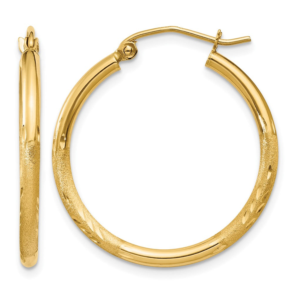 14K Yellow Gold Satin And D/C 2mm Round Tube Hoop Earrings