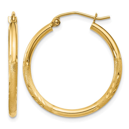 14K Yellow Gold Satin And D/C 2mm Round Tube Hoop Earrings