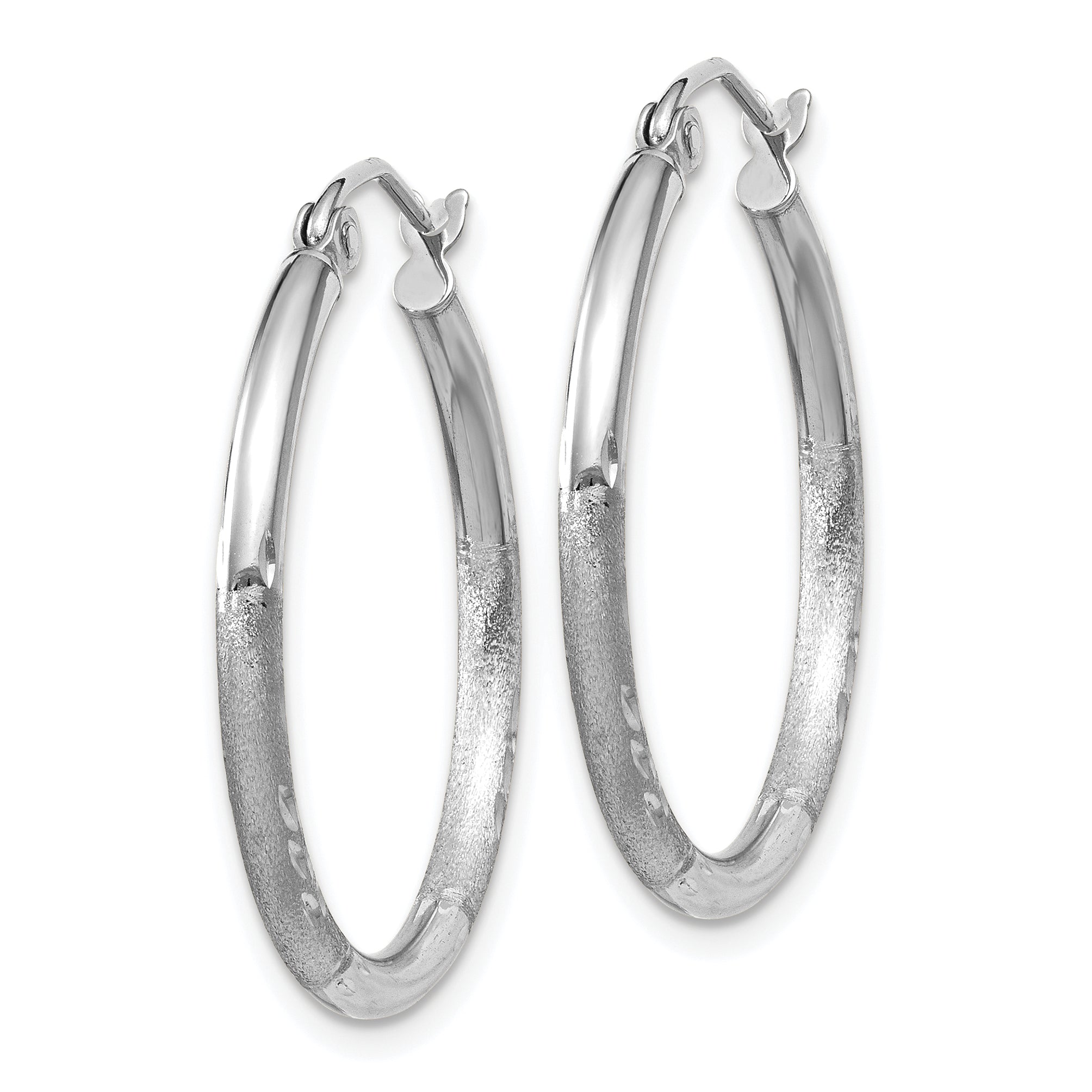 14K White Gold Satin And D/C 2mm Round Hoop Earrings