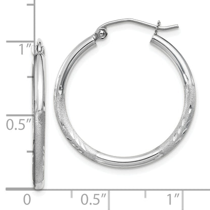 14K White Gold Satin And D/C 2mm Round Hoop Earrings