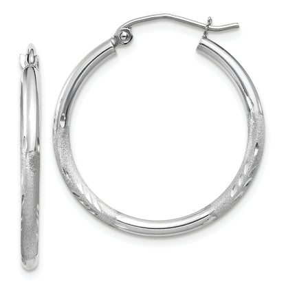 14K White Gold Satin And D/C 2mm Round Hoop Earrings