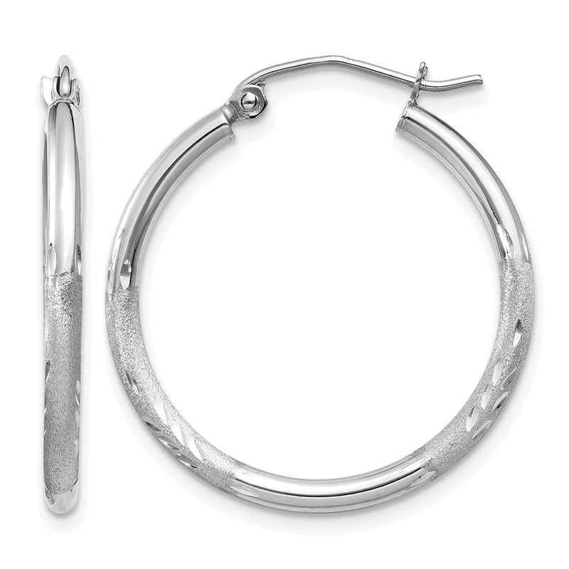 14K White Gold Satin And D/C 2mm Round Hoop Earrings