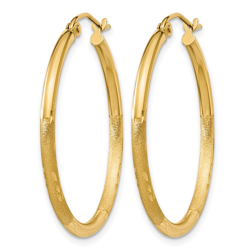 14K Yellow Gold Satin And D/C 2mm Round Tube Hoop Earrings