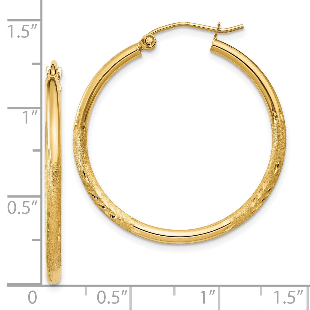 14K Yellow Gold Satin And D/C 2mm Round Tube Hoop Earrings