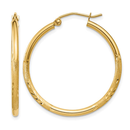 14K Yellow Gold Satin And D/C 2mm Round Tube Hoop Earrings