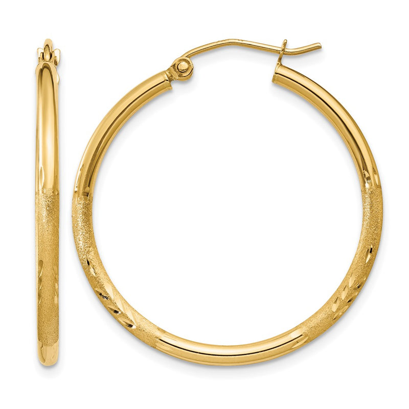 14K Yellow Gold Satin And D/C 2mm Round Tube Hoop Earrings