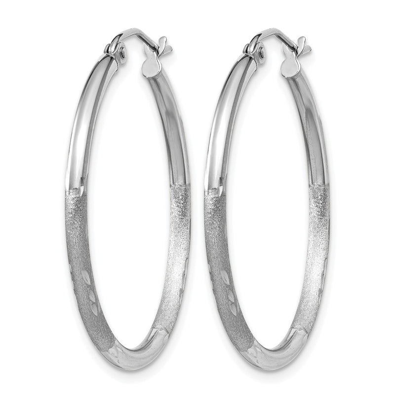 14K White Gold Satin And D/C 2mm Round Hoop Earrings