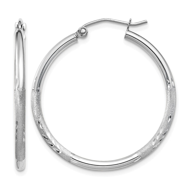 14K White Gold Satin And D/C 2mm Round Hoop Earrings