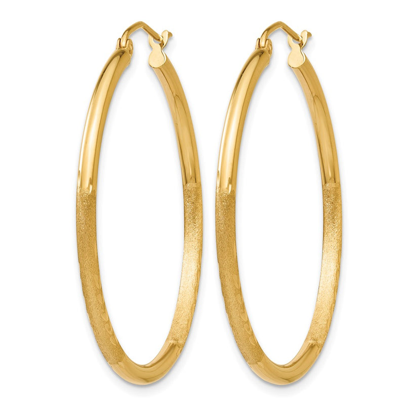 14K Yellow Gold Satin And D/C 2mm Round Tube Hoop Earrings